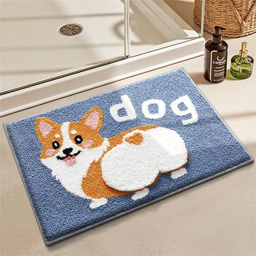 Trlyane Badteppich rutschfest Waschbar 50 x 80 cm, Mikrofaser, Corgi | Weicher Saugfähiger Badezimmerteppich, Rutschfeste Badematte aus Mikrofaser mit Tiermotiv für Bad, Dusche und Eingang