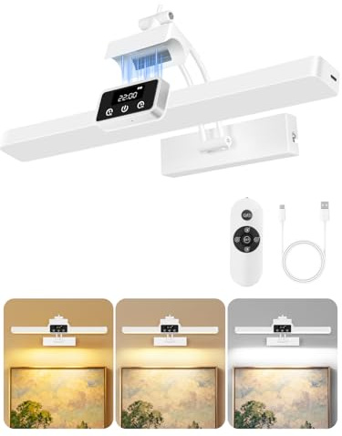 OUTON Bilderleuchte Kabellos mit Akku-Digitalanzeige, Wiederaufladbar mit Fernbedienung+Touch, LED Bildbeleuchtung, 3-Farb Dimmbar Timer, 4000mAh USB-C, Wandlampe – Weiß