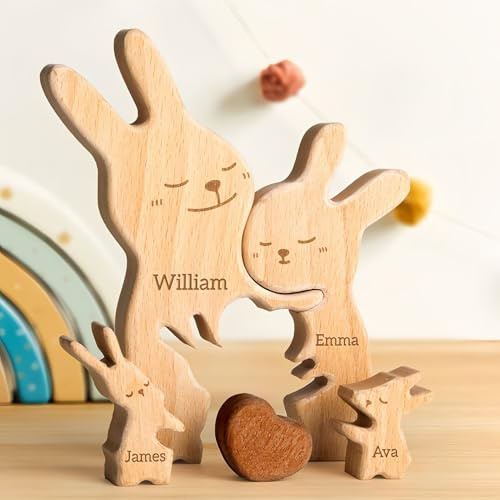 Drawelry Personalisiert Tierfamilie Holzpuzzle mit Namen Schnitzerei Skulptur Wald Wolf Fuchs Bär Kaninchen Welpe Katze Holzstatue Valentinstag Weihnachten Geschenk für Papa Mama Paar (Kaninchen)