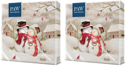 PAW - Servietten 3-lagig (33 x 33 cm) I 20 Stück I Papierservietten Bunt Perfekt für den Weihnachtstisch I Servietten - Weihnachten, Winter, Sterne, Schnee, Schneemänner I Snowy Family (Packung mit 2)