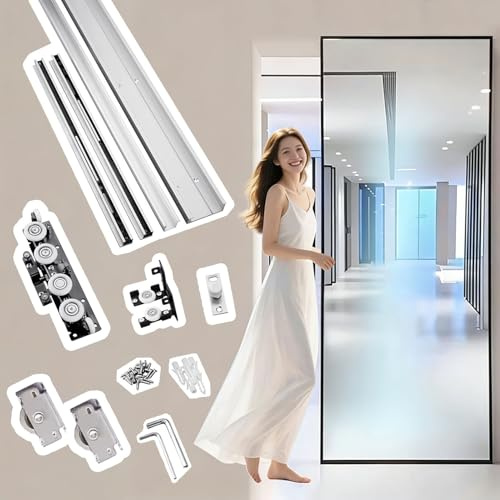Vibeo Rail Porte Coulissante Rail Porte Coulissante Invisible à Fermeture Amortie avec Miroir, Quincaillerie Porte sans Rail avec 4 roulettes, Rail Porte de Placard Invisible(3ft/90cm)