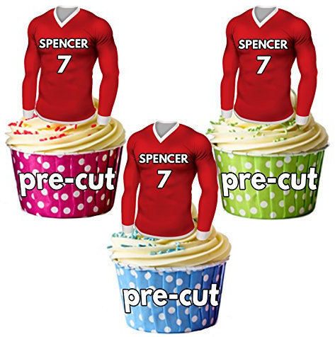 AK Giftshop PRECUT Personalised Edible Football Shirts With Your Chosen NAME & NUMBER - Cupcake Toppers/Cake Decorations Red Shirt Top (Pack of 24)