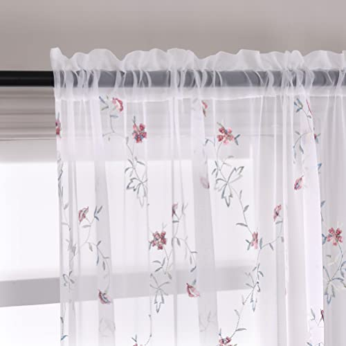 Taisier Home Floral White Sheer Curtains Flower Print Vine Embroidery Bedroom Curtain Rod Pocket Voile Window Curtains for Living Room 1321 x 2134 cm Long Set of 2 Paneels Red Buds with Green Branch