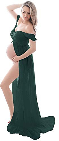 FEOYA-Trailing Longues Robes Accessoires de Photographie de Maternite Robes pour Photos Shoot ÉTE Respirant Tube Top Split Avant Grossesse Dames sans Bretelles Maxi Robe,S,Vert Foncé