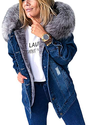 Minetom Damen Winterjacke Jeansjacke Künstliches Fellkapuze Denim Jacket Übergangsjacke Jeans Künstliche Fleece Gefüttert Mantel Kapuzenjacke Outwear