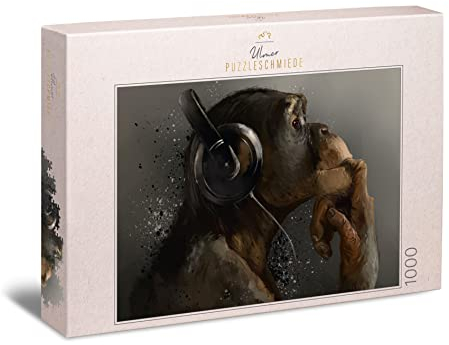 Ulmer Puzzleschmiede - Puzzle „Sound of Evolution“ - Klassisches 1000 Teile Puzzle – Kunst-Motiv AFFE mit Musik-Kopfhörer - modernes künstlerisches Tier-Puzzle