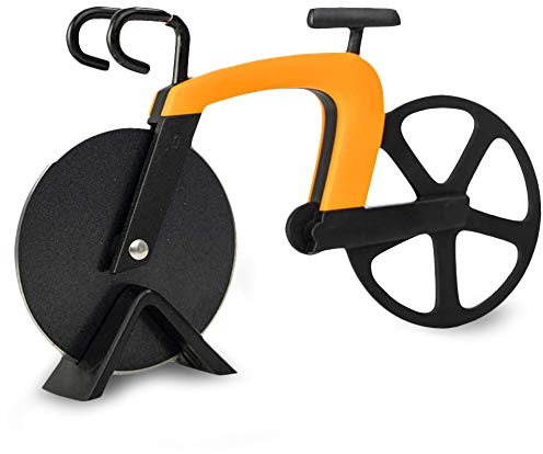 Pizza Cutter, Bicycle Pizza Cutting Machine, Non-Sticky Sharp Stainless Steel Bicycle Pizza Cutter Wheel and Display Stand, Creative Kitchen Gadgets, Suitable for Christmas Parties and Gifts