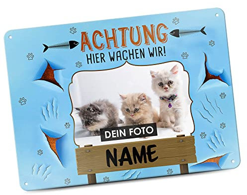 PR Print Royal Blechschild selbst gestalten mit Katzenfoto, Name & Spruch - Achtung! Hier wachen wir - Geschenkidee für Katzenbesitzer/Türschild/Katzenschild - Querformat Schild A4