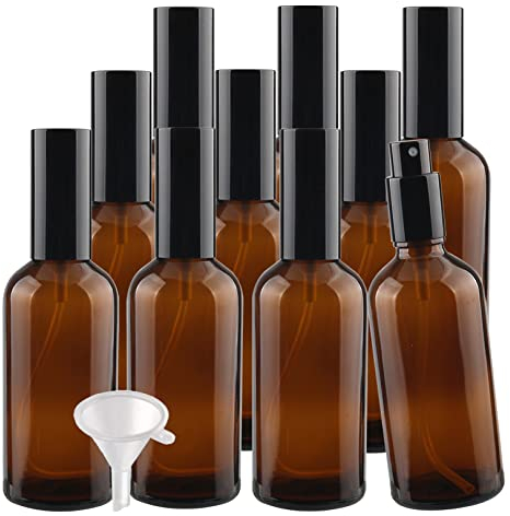 TIANZD 12 Piezas Botella de Cristal Ámbar con Bomba en Spray 100ml, Frasco de vidrio Marrón con Pulverizador Negro para Aceites Esenciales Perfume Envase Cosmético, Embudo