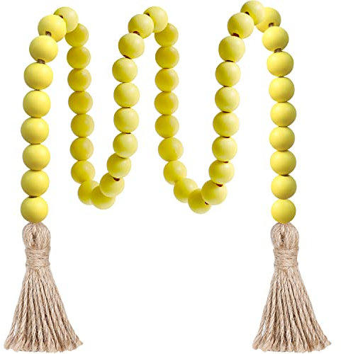 Meplait 100cm Holzperlengirlande Bauernhaus Perlen mit Quasten,Rustikale Landhausdekoration Gebetsperlen Boho-Chic Wandbehang Heimdekoration (Gelb)