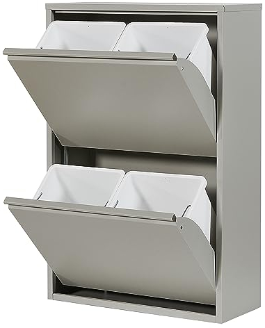 Atahome Didyma Waste and Recycling Bin - 2+2 Drawers and Plastic Buckets with Metal Handles, 4x15 Litres Waste Separation & Recycling, Sturdy Metal Structure Rubbish Bin (Grey)