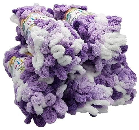 5 x 100 Gramm Strickwolle Alize Puffy Color, 500 Gramm Fingerstrick - Wolle mehrfarbig super bulky, Schlaufenwolle, Stricken ohne Nadel (flieder weiss 5923)