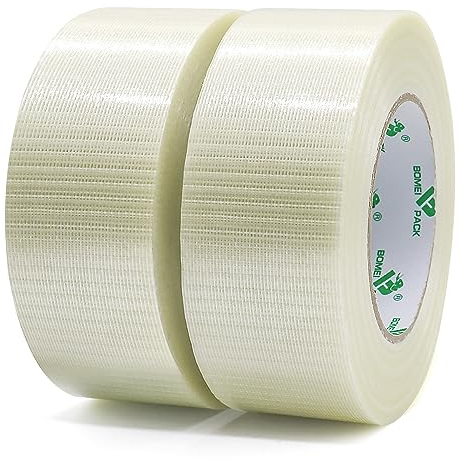 BOMEI PACK 2 Rollen 50mmx50m Filament-Klebeband, Transparent extra starkes Packband in Profi-Qualität, Gewebeband in Kreuzrichtung glasfaserverstärkt, Dicke: 170 μm