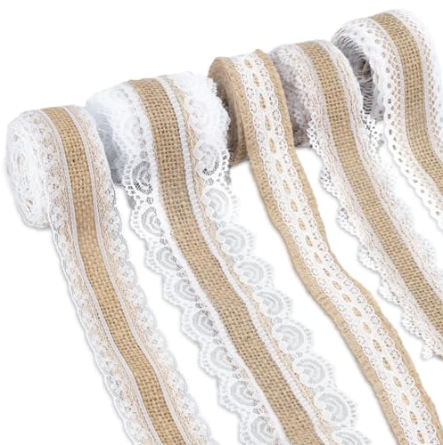 10M Vintage Juteband mit Spitze, 5 Rollen à 2m Geschenk Band Vintage, Jute Spitzenband Dekoband, Jute Spitzenband Selbstklebend Natürlich Dekoration, für DIY Handwerk Deko Hochzeit Party Wohnkultur