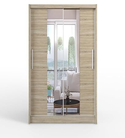 Easy4You L2 Sonoma Schiebetüren Kleiderschrank 120 cm mit Spiegel - Schlafzimmermöbel, Aufbewahrung - Mehrzweckschrank - Farbe: Sonoma
