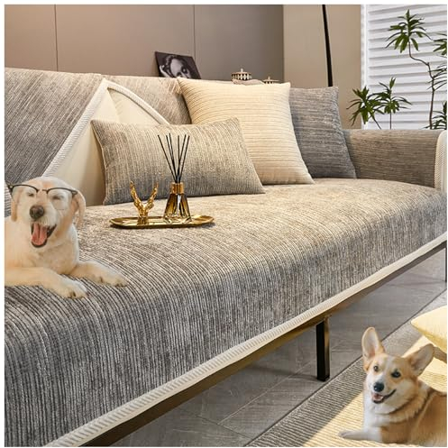 WIWIDANG Schlichter, gestreifter, kratzfester Chenille-Couchbezug, feiner Chenille-Sofabezug, Solider, Rutschfester Chenille-Couchbezug, geeignet für alle Jahreszeiten (Hellgrau,90 * 240 cm)