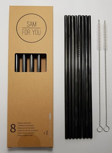 Sam for You Strohhalme aus Edelstahl, Set von 8 Trinkhalme und 2 Reinigungsbürste, wiederverwendbar, ideal für Cocktails, Heiß- und Kaltgetränke (Schwarz)