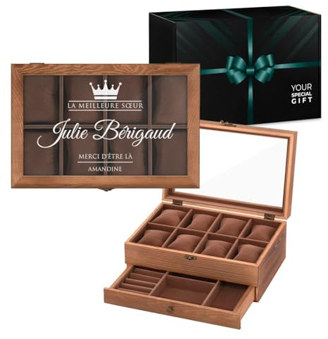 Maverton Boîte personnalisée pour montres et bijoux, Coffret en bois | Pour elle avec prénom gravé, Boîte à bijoux personnalisable pour femme, pour couple, pour anniversaire, meilleure sœur