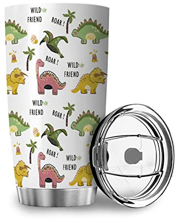 Zbbfwu Dinosaurier Print Kaffeebecher to go Thermobecher Edelstahl Auslaufsicher Kaffeetasse Isolierbecher Dinosaurier 600ml