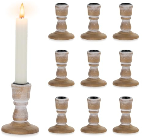 NUPTIO Kerzenständer Holz Kerzenhalter Stabkerzen: 10er Stabkerzenhalter Stabkerze Vintage Rustikale Braunen Hölzerne Kleine Bauernhaus für Weihnachten Hochzeit Tischdekoration