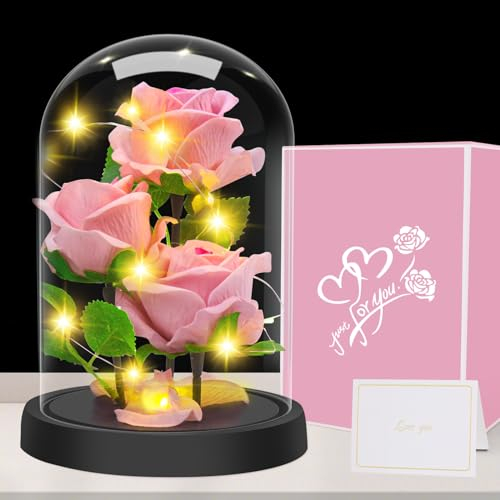 Touloube Geschenke für Frauen zum Muttertag- Premium Rose Blume Geschenk, Ewige Rose im Glas Mit Lichter, 3 Rosa Rose in Glaskuppel, Valentinstagsgeschenk für Freundin Mama Mutter Großmutter Oma