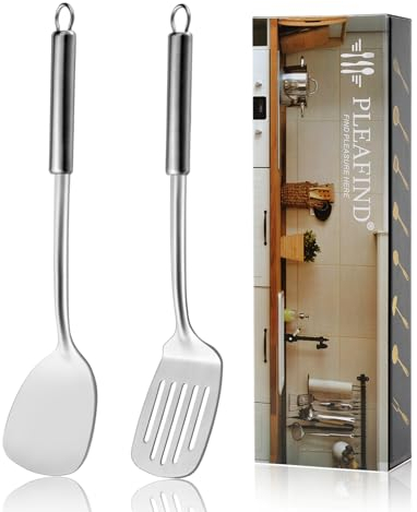 2P-Pleafind Set di 2 spatole solide e scanalate, spatola in acciaio inox, spatola in metallo, utensili wok, utensili da cucina, spatola wok per casa, cucina e ristorante, lavabile in lavastoviglie