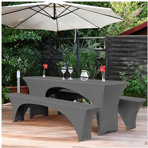 3er-Set Biertischhussen, 220 x 50 x 70 cm hussen bierzeltgarnitur, dunkelgrau, Stretch-Bezüge für Biertisch-und Bankgarnituren, Bierbankhussen, Spandex-Bierzeltgarnitur für Bankett, Gartenmöbel-Bezüge
