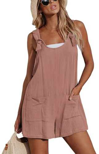 CUPSHE Damen Jumpsuit U-Ausschnitt Ärmellos Strampler Weites Bein Taschen Vorne Kurz Overall Sommer Strand Lose Hosenanzug Rosa XL
