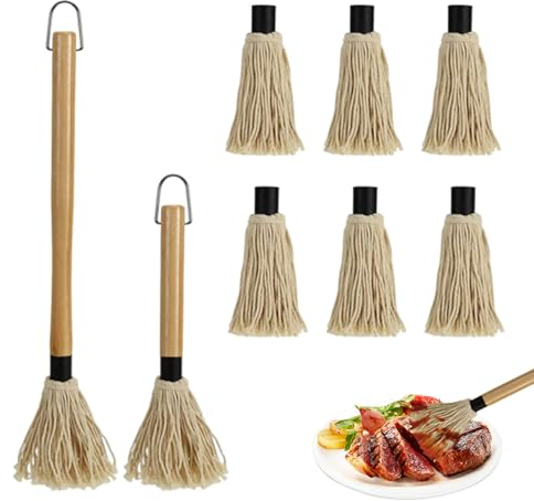 Cndiyald BBQ MOP 2PCS 11,2 Zoll & 18,3 Zoll BBQ MOP Pinsel mit 6 Ersatzköpfen Holz Langgang Griff Grillpinsel für Sauce BBQ Grillen Rauchen Steak Basting Pinsel
