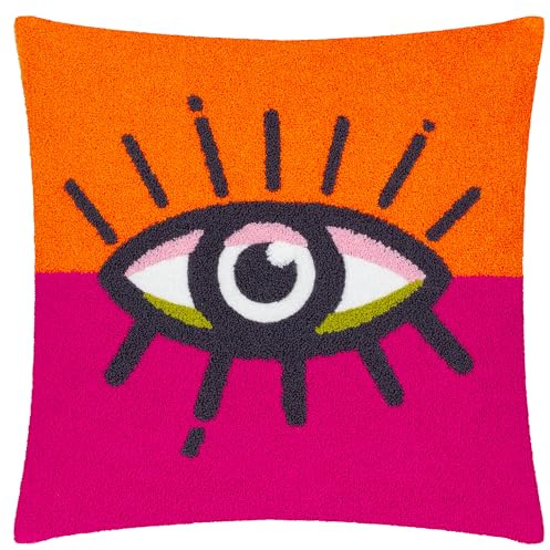 furn. Heya Home All Eyes On You Cushion Cover – Appliqué Eye Bouclé Tufted Decorative Case (Orange/Pink – 45x45cm)