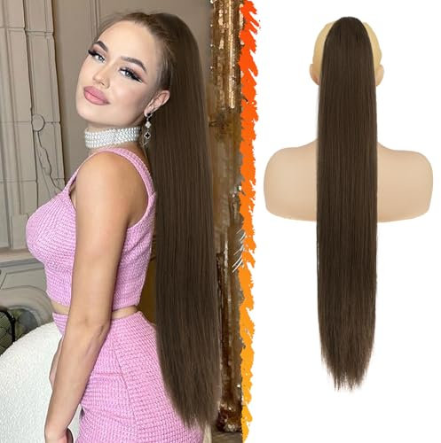 BARSDAR Lang Glattes Pferdeschwanz Verlängerung, 76CM Kordelzug Braun Zopf Pferdeschwanz Haarverlängerungen Synthetik Clip Pferdeschwanz Haarteil für Damen Tägliche (Kastanie & Schokolade Braun)
