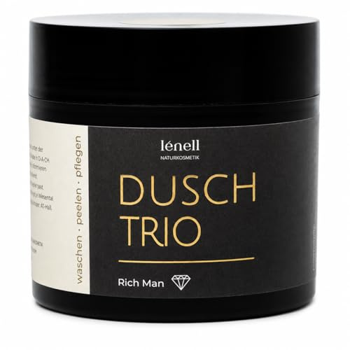 lénell Rich Man Duschmousse 3-IN-1 für Herren Duschschaum und Körperpeeling mit Baumwollsamenöl Vegane Körperpflege mit holzig-würzigem Duft 250g