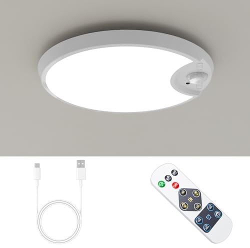 Batterie Plafonnier Led Detecteur de Mouvement, Rechargeable par USB, Plafonnier sans Fil sans Percer, Luminaire Plafonnier pour Salle de Bain, Lampe Plafond pour Couloir Garage, IP54 éTanche, Rond