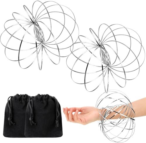 BBTO 2 Durchflussringe Spielzeug 3D Durchflussringe Armband Edelstahl Magische Spirale Multisensorisch Pädagogisch und Interaktiv Spielzeug mit Schwarz Samtbeutel für Erwachsene Teens (Silber)