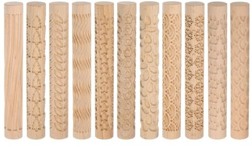 QUARKZMAN 11pcs Bois Argile Rouleau Modèle Modélisation 5.9 Pouce Hêtêre Bois Main Rouleaux Bois Poterie Outils Bois Grain Texture Rouleaux pour Argile Cuisson Pâte Modeler Bricolage