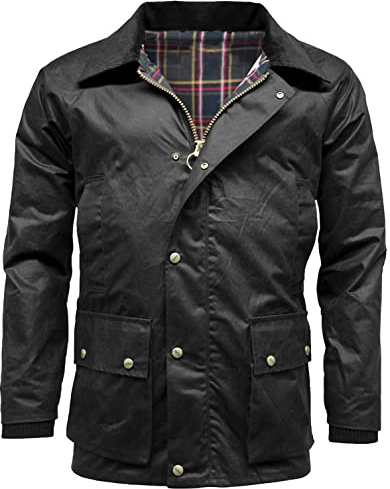 FASHIONISM Barker Wachsjacke für Herren mit abnehmbarer Kapuze und Schottenkaro-Futter, Antik-Optik, langärmelig, Reißverschluss