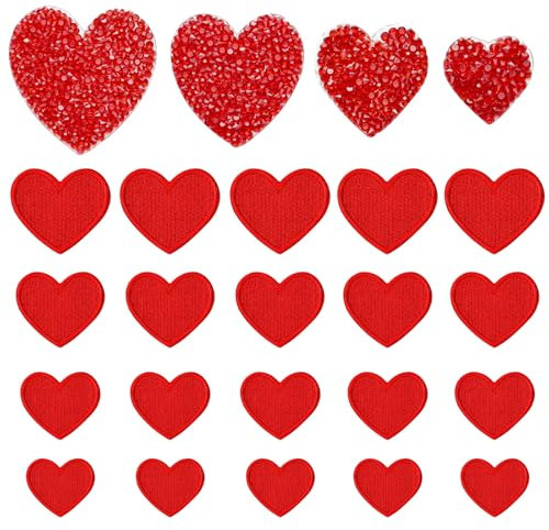 20 Rote Herzform Bügelflicken + 4 Rote Strass Aufnäher Zum Aufbügeln Herz Bestickte Patches Mehrzweck Rotes Herz Patch Bestickte Applikation Für Kleidung Jacken Rucksäcke Jeans Hüte Taschen