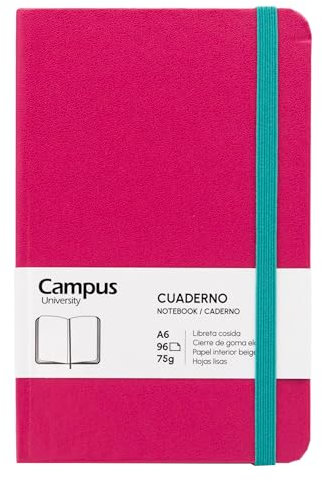 Campus Notizbuch A6, Bullet Journal mit glatten Blättern, genähtes Notizbuch mit festem Einband, 96 Blatt à 75 g, elastischer Verschluss, Tasche und Lesezeichen (A6, glatt, Rosa)