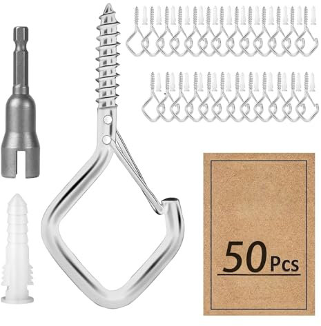 suzmei 50 Pcs Metal Screw-in Hooks with Safety Buckle | Heavy Duty Ceiling & Garden Hooks for Plants, Bird Cages, Fairy Lights, Christmas Decor (Indoor/Outdoor) (Silver)