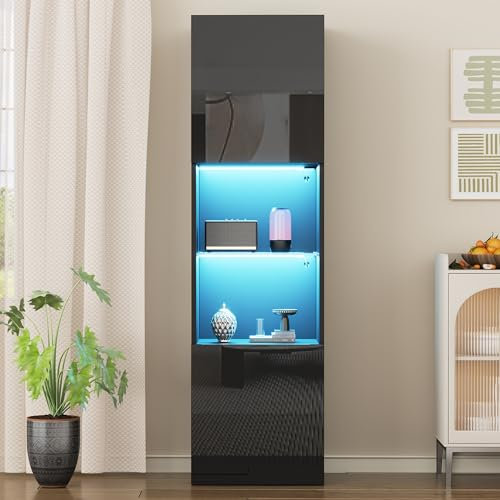 Merax Hochglanz Vitrine mit LED, 1 Glasboden, freistehende Vitrine, Hochschrank, Aufbewahrungsschrank, Vitrine mit Fernbedienung, modernes Design für Wohnzimmer & Büro Schwarz - 45x35x160 cm