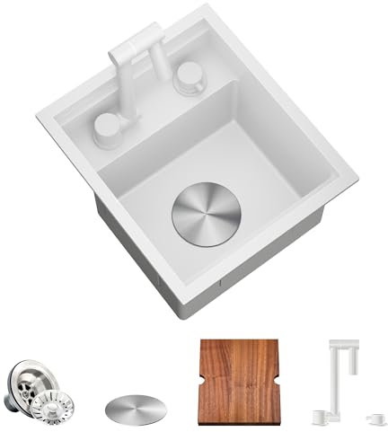 PVXMQFFA Fregadero bajo encimera Blanco para Barra de Cocina de RV con Grifo Plegable Incorporado, Acero Inoxidable Calibre 16, 33,1 x 38,1 x 22,9 cm