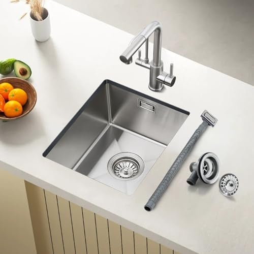 ROVOGO Küchenspüle Unterbau 50x35cm Edelstahl 304 inkl. Ablauf & Überlauf | Kleines Küchenspülbecken, handgefertigt gebürstete Edelstahl-Unterbauspüle mit Ab- und Überlaufgarnitur, 1 Becken Einbauspüle