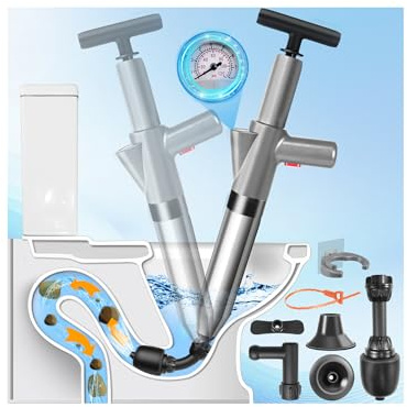 Pompe de débouchage haute pression avec indicateur de pression d'air, déboucheur d'air comprimé avec 4 ventouses, ventouse grise pour lavabo, toilettes, salle de bain, douche, cuisine