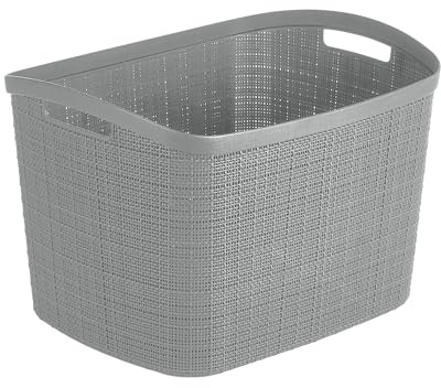 Curver Set of 2 XL 30.5 L Jute Decorative Plastic Organization and Storage Baskets - Perfect Bins for Home Office, Closet Shelves, Kitchen Pantry and All Bedroom Essentials, Grey