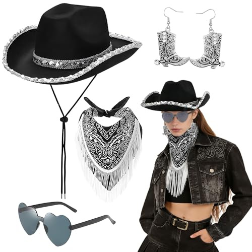 Cowboyhut Zubehör Set für Männer und Frauen,Western Cowgirlhut Cowgirl Kostüm Accessoire Set mit Cowboyhüte Bandana Wilder Westen Damen Herren für Erwachsene Fasching Karneval Halloween Cosplay