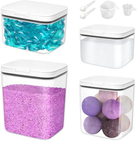 ZgoEC 4pcs Laundry Pods Container with Pop-up Lid, 5.5|2.8|2|1.2L, 4 Scoops | Powder Detergent Storage Dispenser for Detergent/Powder/Capsule/Washing Tablets, Storage for Laundry Room, Kitchen