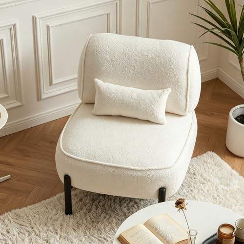 YODOLLA Mid-Century Modern Akzentstuhl – Extra großer Teddy-Polster-Loungesessel Armlehnensessel mit Kissen, Stabiler Metallrahmen, bequemer Lesesessel für Schlafzimmer, Wohnzimmer & Balkon (weiß)