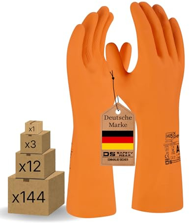 Hi5 X-Chem Chemikalienschutzhandschuhe Typ A – AKLMNPST – Naturkautschuk 0,70 mm – flockgefüttert – Anti-Rutsch – EN 374–1 Typ A & EN 388 – orange (M, 3, stück)