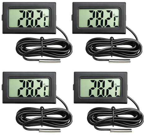Digital Thermometer with External, 4 Pcs Water Thermometer Digital with LCD Monitor Aquarium Thermometer for Kitchen Home Fridge Freezer Aquarium Refrigerator Cold Storage Black (-50°C To 110°C)