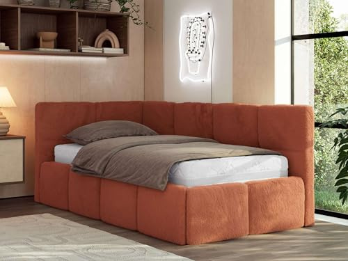 Jugendbett ARVO 90x200 cm mit Lattenrost und Bettkasten, Polsterbett mit gepolstertem Kopfteil und Gasdruckfedern, Eckbett mit Stauraum - mit Schaumstoffmatratze - Orange Plüsch - Linke Seite